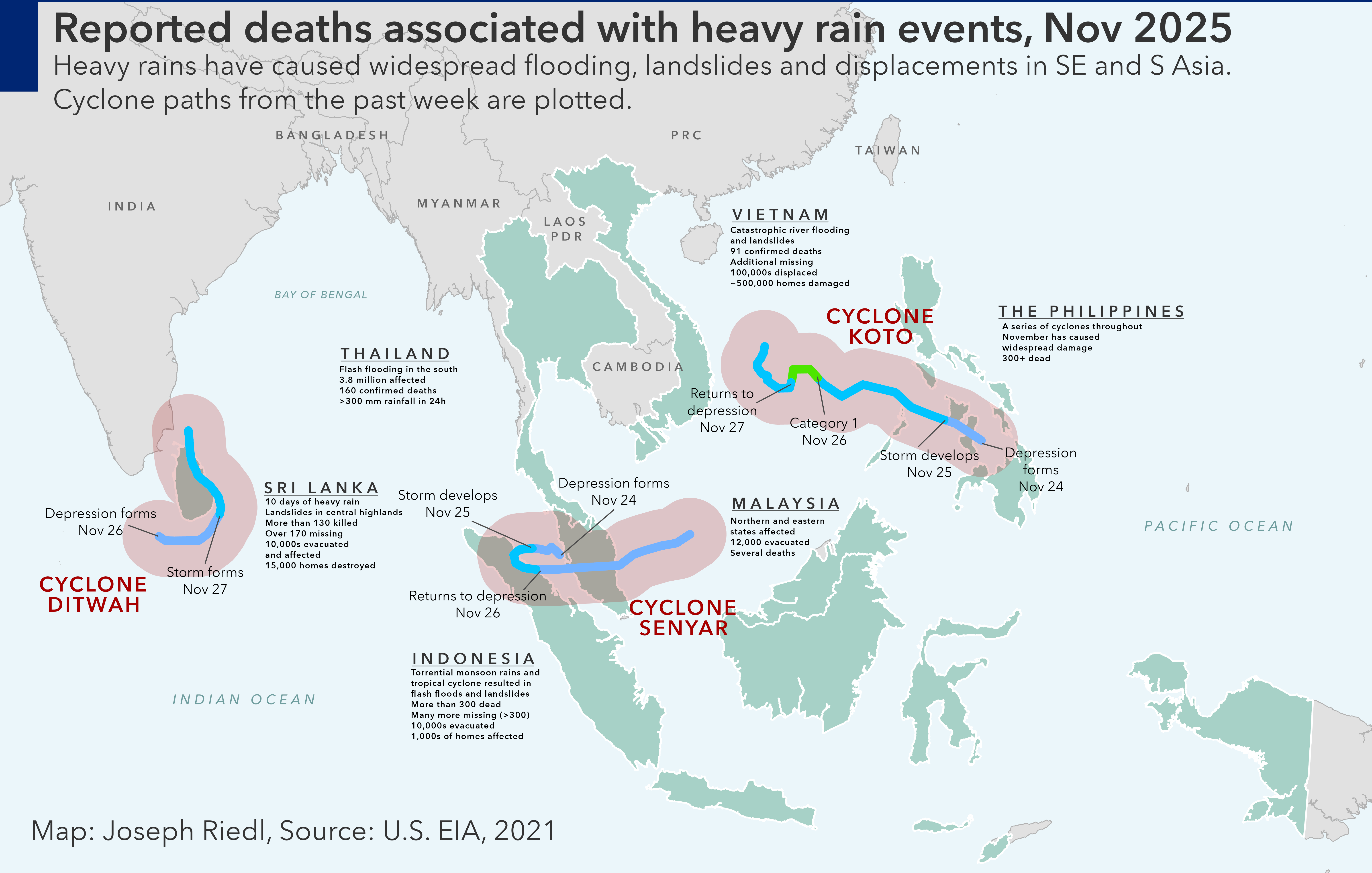 Reported deaths associated with heavy rain events, Nov 2025